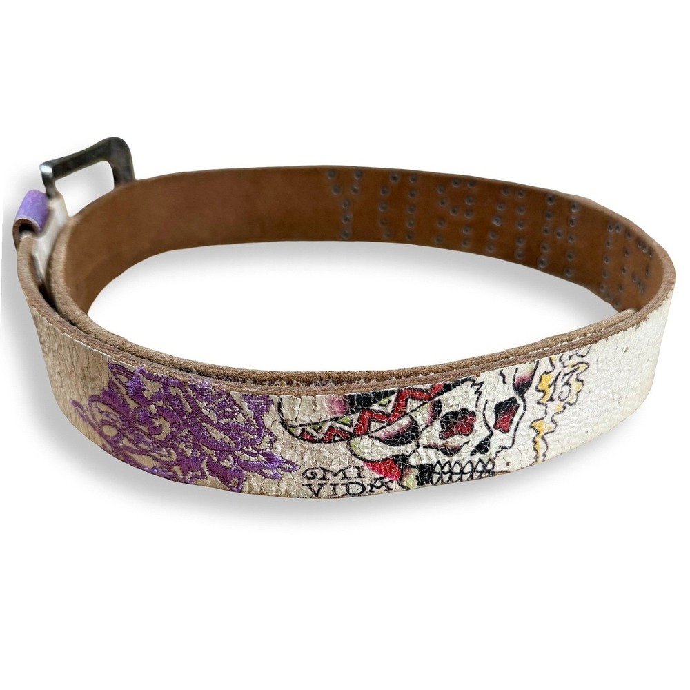 Ed Hardy by Christian Audigier Belt White Leather Tattoo Geisha USA Size 32 Y2K